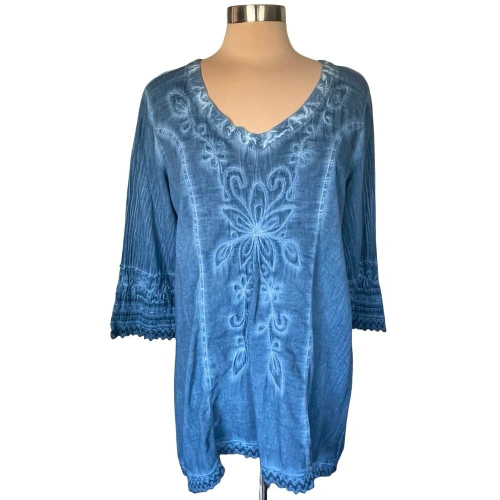 Gretty Zueger Blue Cotton Tunic Top Size XL‎ Embroidered Crochet Boho Chic Peru